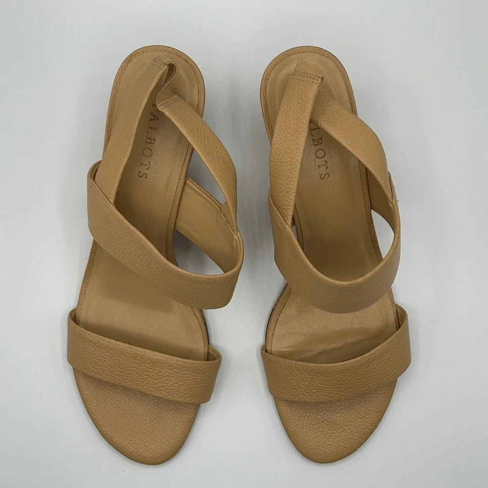 Talbots Tan Pebbled Leather Cork Wedge Slingback Sandals 11M Brazil Quiet Luxury
